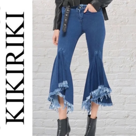 Kikirki Distressed Bell Bottom Boho Denim Cropped Jeans - Picture 1 of 12